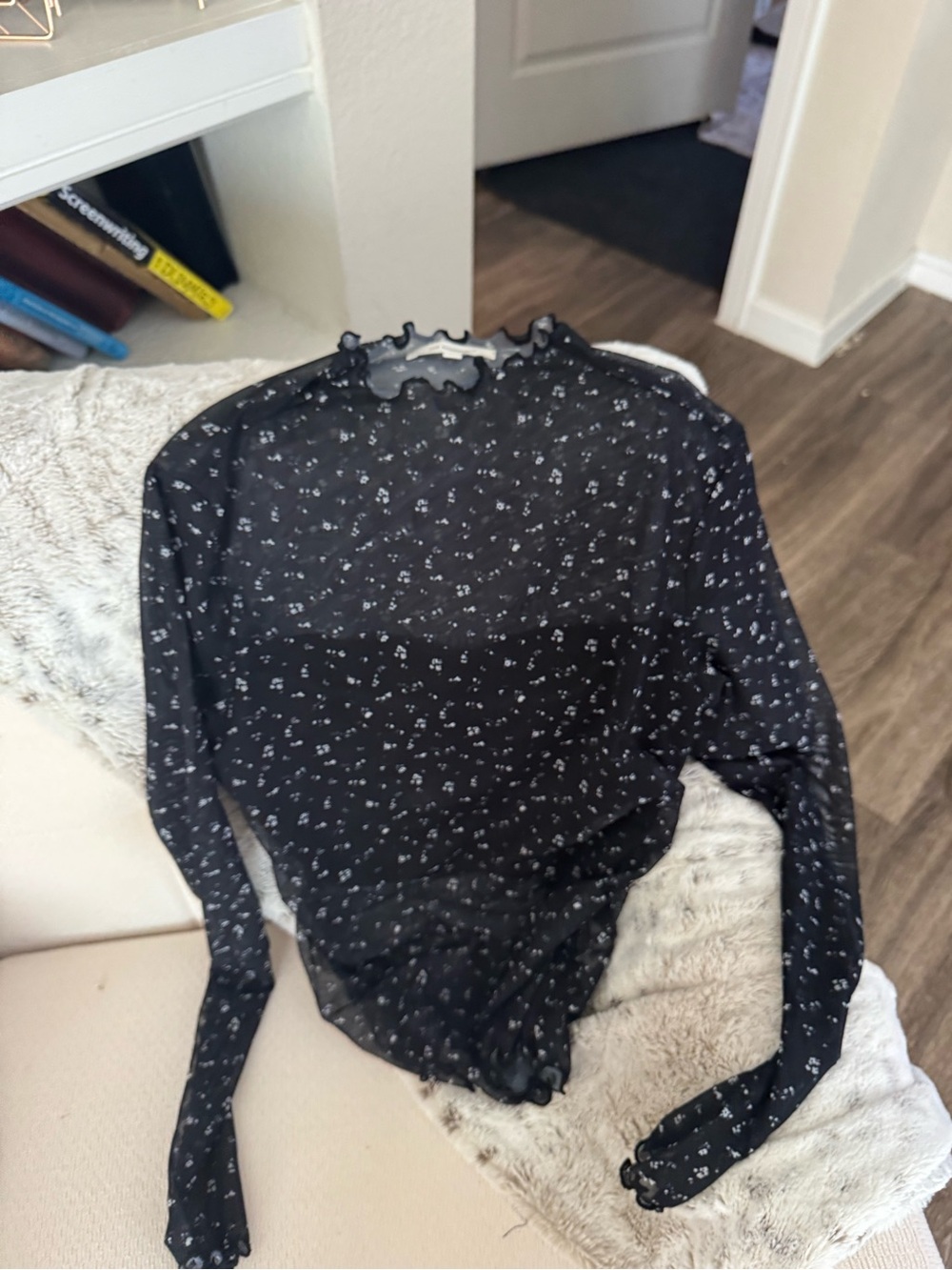 Black Sheer Floral Long-Sleeve Women's Blouse  that is super slender! It’s light